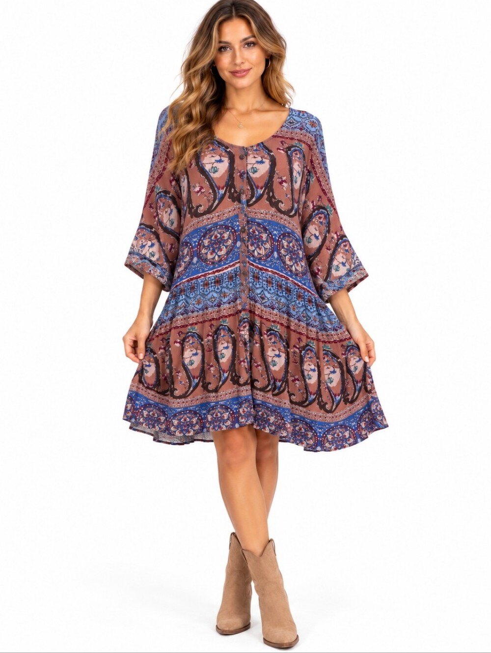 Easel Los Angeles Paisley Boho Babydoll Dress Large Blue Rust Button Front